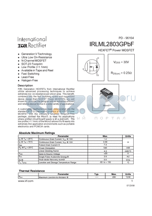 IRLML2803GPBF datasheet - HEXFET Power MOSFET