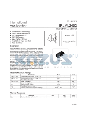 IRLML2402 datasheet - HEXFET POWER MOSFET