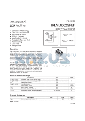 IRLML6302GPBF datasheet - HEXFET POWER MOSFET