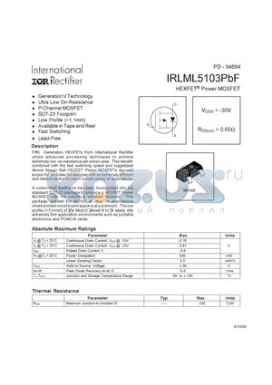 IRLML5103PBF datasheet - HEXFET-R POWER MOSFET