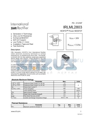 IRLML2803TRPBF datasheet - Generation V Technology, Ultra Low On-Resistance