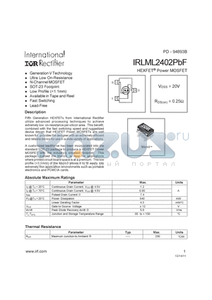 IRLML2402TRPBF datasheet - HEXFET^ Power MOSFET