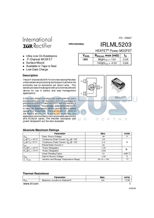 IRLML5203 datasheet - Power MOSFET(Vdss=-30V)