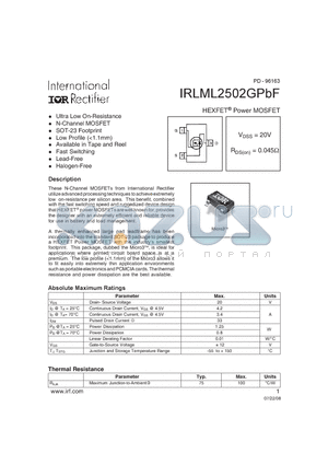 IRLML2502GPBF datasheet - HEXFET Power MOSFET
