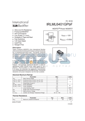 IRLML6401GPBF datasheet - HEXFETPower MOSFET