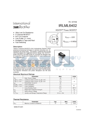 IRLML6402 datasheet - HEXFET Power MOSFET