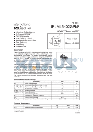 IRLML6402GPBF datasheet - HEXFET Power MOSFET