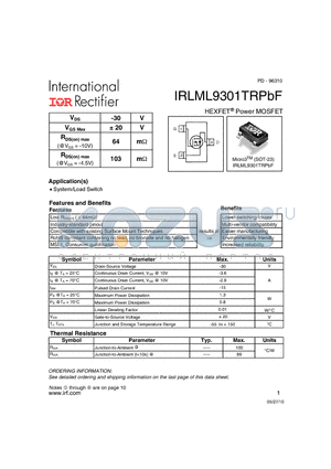 IRLML9301TRPBF datasheet - HEXFET Power MOSFET