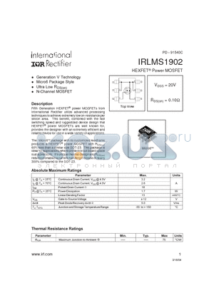 IRLMS1902 datasheet - HEXFET Power MOSFET