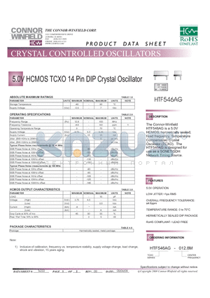 HTF546AG datasheet - 5.0V HCMOS TCXO 14 Pin DIP Crystal Oscillator