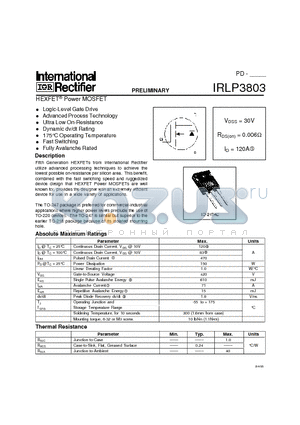 IRLP3803 datasheet - HEXFET^ Power MOSFET(VDSS = 30V,RDS(on) = 0.006Ohm,ID = 120A)
