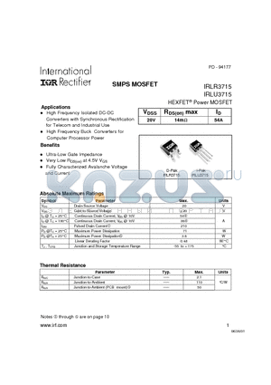 IRLR3715 datasheet - SMPS MOSFET