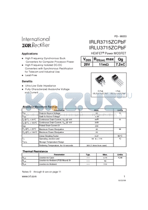 IRLR3715ZCPBF datasheet - HEXFET Power MOSFET