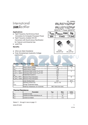 IRLR3715ZPBF datasheet - HEXFET Power MOSFET