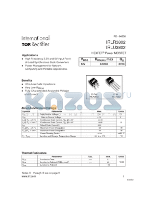 IRLR3802 datasheet - HEXFET Power MOSFET