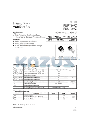 IRLR7807Z datasheet - HEXFET Power MOSFET