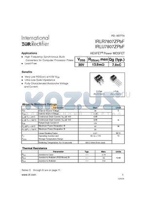 IRLR7807ZPBF datasheet - HEXFET Power MOSFET