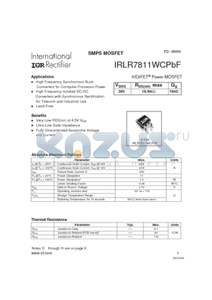 IRLR7811WCPBF datasheet - SMPS MOSFET