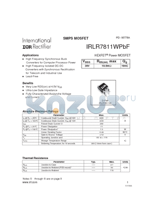 IRLR7811WPBF datasheet - HEXFET^Power MOSFET