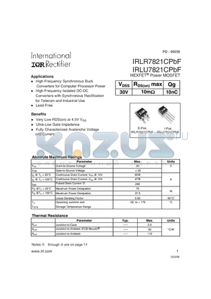 IRLR7821CPBF datasheet - HEXFET Power MOSFET