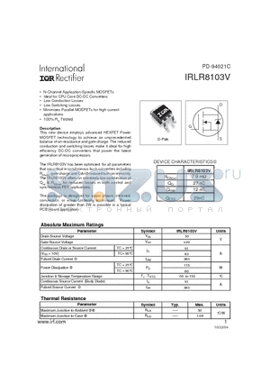 IRLR8103V datasheet - N-Channel Application-Specific MOSFETs