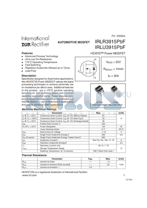 IRLR3915PBF datasheet - AUTOMOTIVE MOSFET