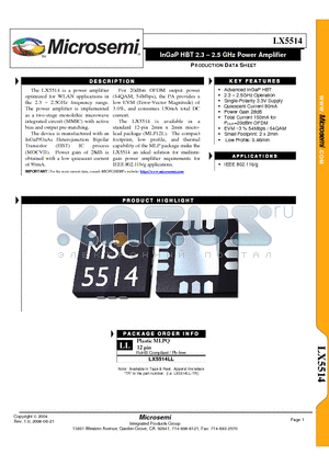 LX5514LL datasheet - InGaP HBT 2.3 - 2.5 GHz Power Amplifier