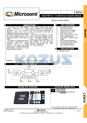 LX5516 datasheet - InGaP HBT 2.4 - 2.5 GHz Power Amplifier Module