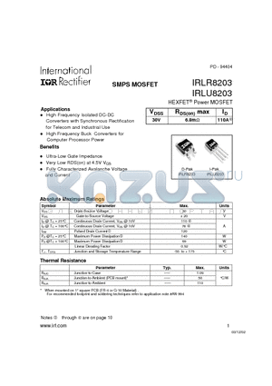 IRLR8203 datasheet - HEXFET Power MOSFET