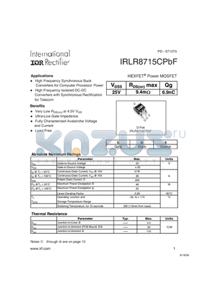 IRLR8715CPBF datasheet - HEXFET Power MOSFET