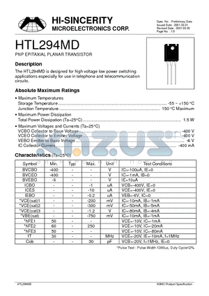 HTL294MD datasheet - PNP EPITAXIAL PLANAR TRANSISTOR