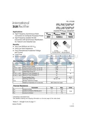 IRLR8729PBF_09 datasheet - HEXFETPower MOSFET