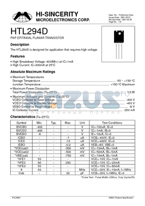 HTL294D datasheet - PNP EPITAXIAL PLANAR TRANSISTOR