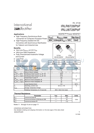 IRLR8726PBF datasheet - HEXFET Power MOSFET