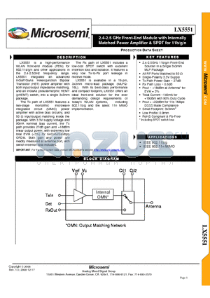 LX5551LQ datasheet - 2.4-2.5 GHz Front-End Module with Internally Matched Power Amplifier & SPDT for 11b/g/n