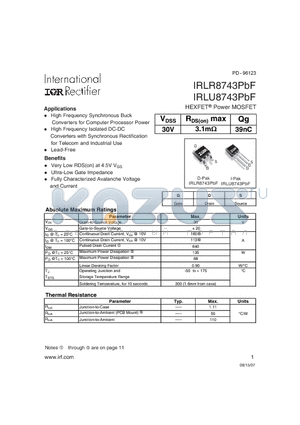 IRLR8743PBF datasheet - HEXFET^Power MOSFET