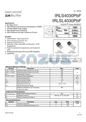IRLS4030PBF datasheet - HEXFET Power MOSFET