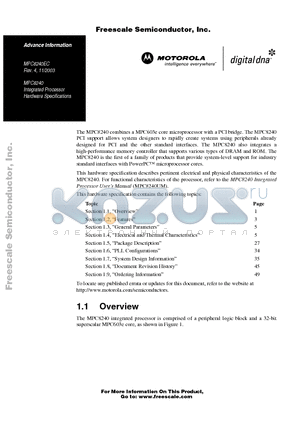 MPC8240EC datasheet - Integrated Processor Hardware Specifications