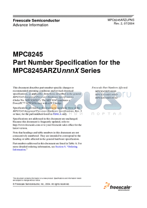 MPC8245ARZU400D datasheet - Part Number Specification for the MPC8245ARZUnnnX Series
