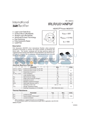 IRLU014NPBF datasheet - HEXFET POWER MOSFET ( VDSS = 55V , RDS(on) = 0.14Y , ID = 10A )