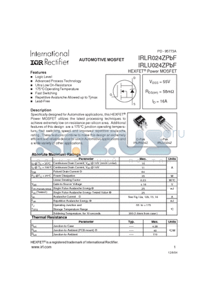 IRLU024ZPBF datasheet - AUTOMOTIVE MOSFET