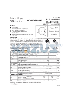 IRLU2905ZPBF datasheet - HEXFET Power MOSFET