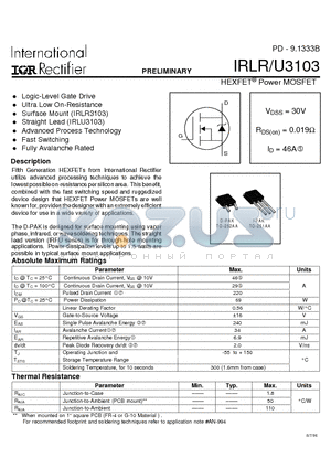 IRLU3103 datasheet - Power MOSFET(Vdss=30V, Rds(on)=0.019ohm, Id=46A)