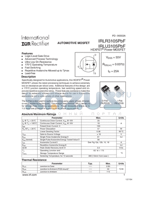 IRLU3105PBF datasheet - AUTOMOTIVE MOSFET