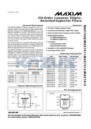 MAX7408CUA datasheet - 5th-Order, Lowpass, Elliptic, Switched-Capacitor Filters