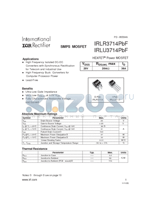 IRLU3714PBF datasheet - HEXFET Power MOSFET ( VDSS = 20V , RDS(on)max = 20mY , ID = 36A )