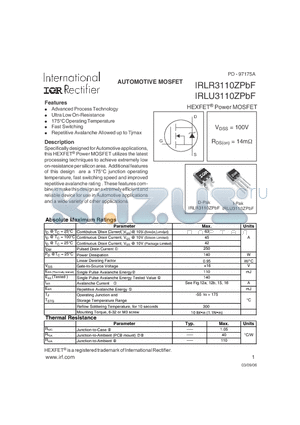 IRLU3110ZPBF datasheet - AUTOMOTIVE MOSFET