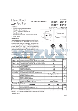 IRLU3114ZPBF datasheet - AUTOMOTIVE MOSFET