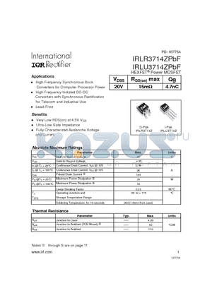 IRLU3714ZPBF datasheet - HEXFET Power MOSFET