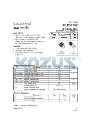 IRLU3715Z datasheet - HEXFET Power MOSFET